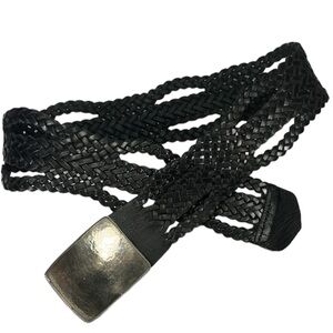 Boho Wide Braided Leather Belt, Hammered Metal Buckle